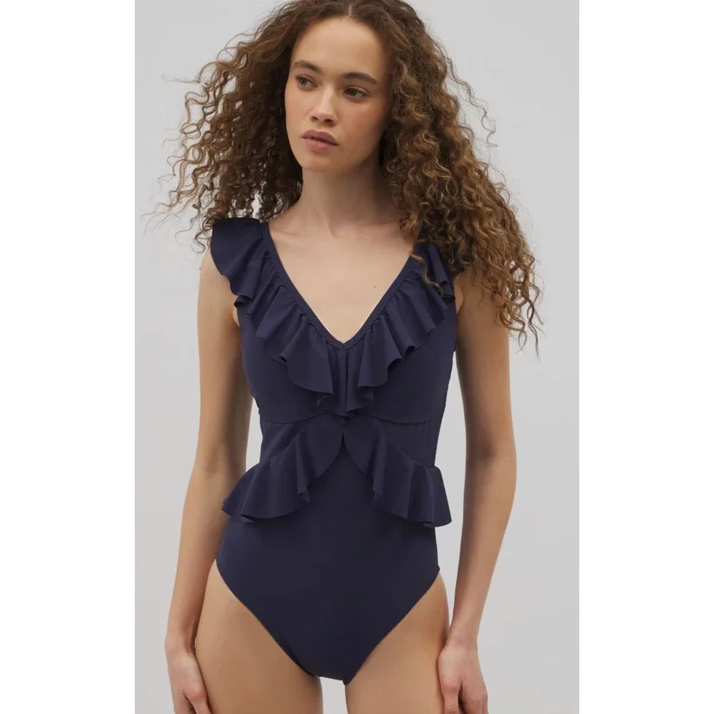 NWT BEYOND CONTROL DARK NAVY BLUE SOLID ESSENTIALS RUFFLE ONE PIECE SWIMSUIT 12